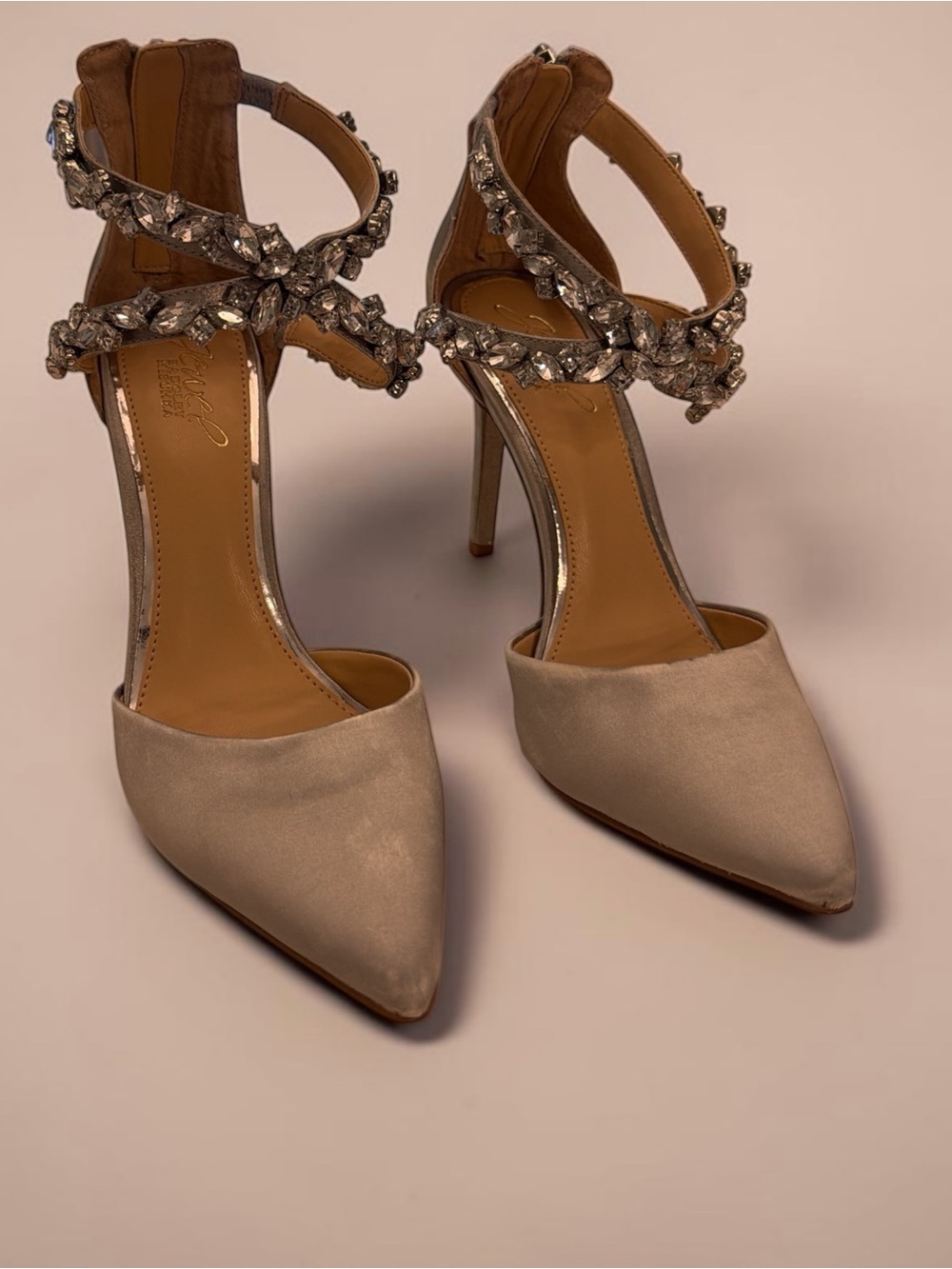 Jewel Badgley Mischka Satin Pointed-Toe Pumps with Crystal Ankle Straps Silver